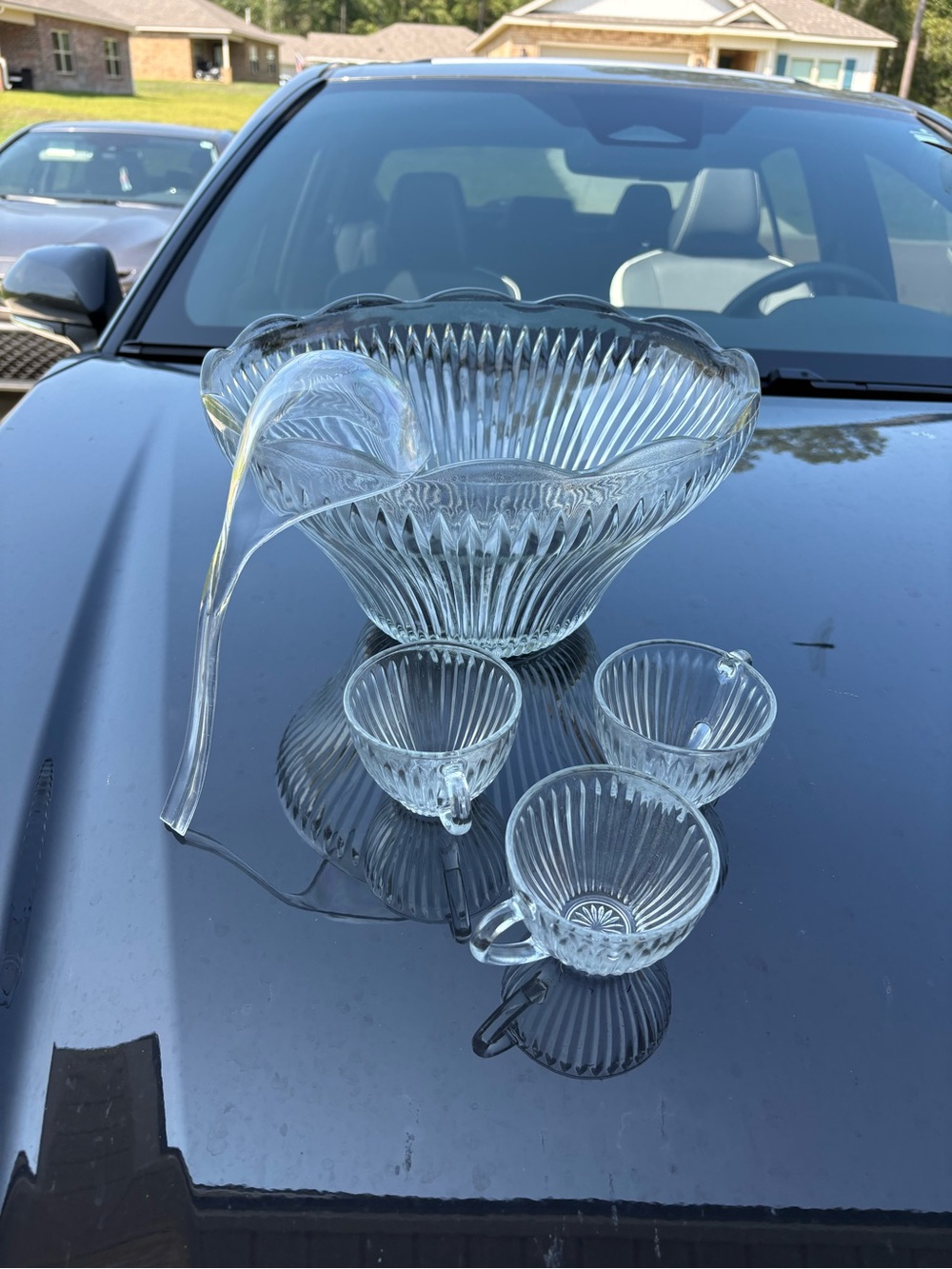 Clear Pressed Glass Punch Bowl Set with Ladle and 12 Cups included